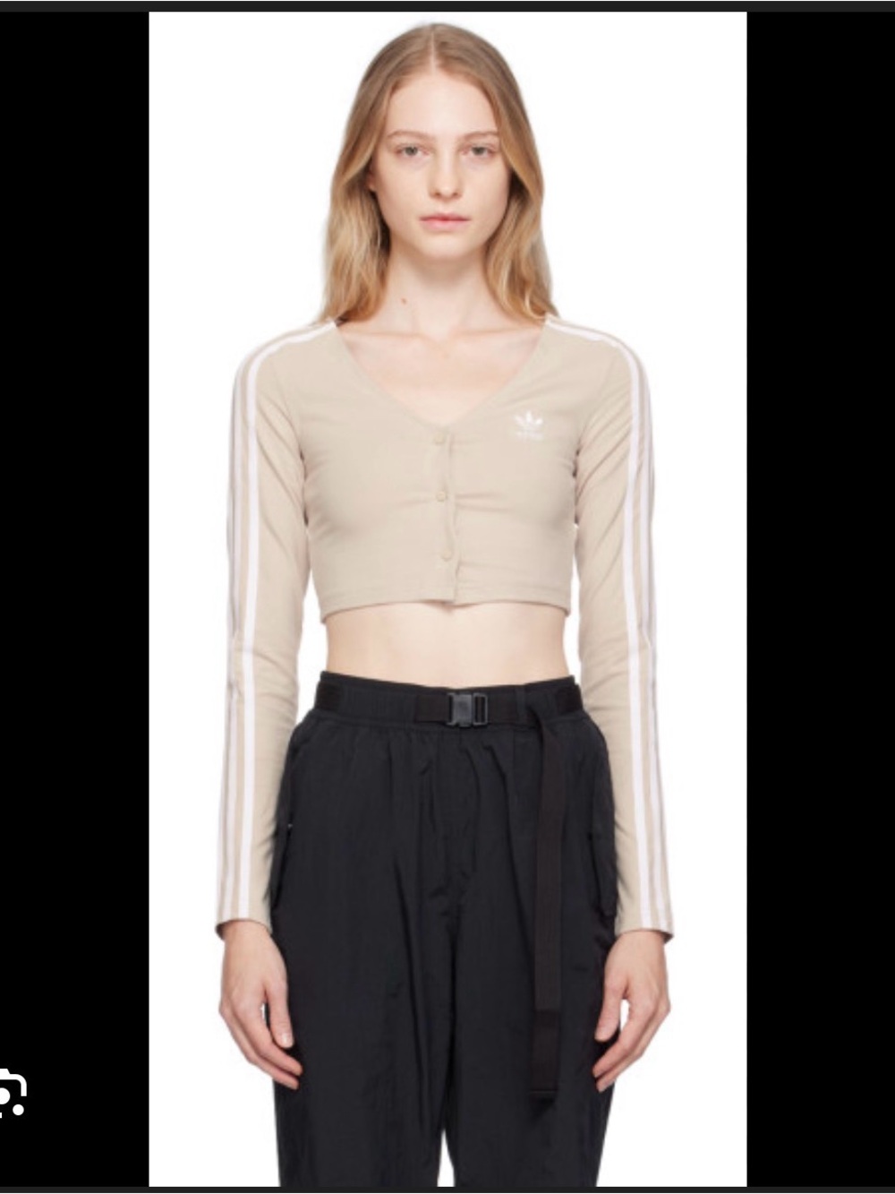 adidas Beige Cropped Button-Front Long Sleeve Top with White Stripes